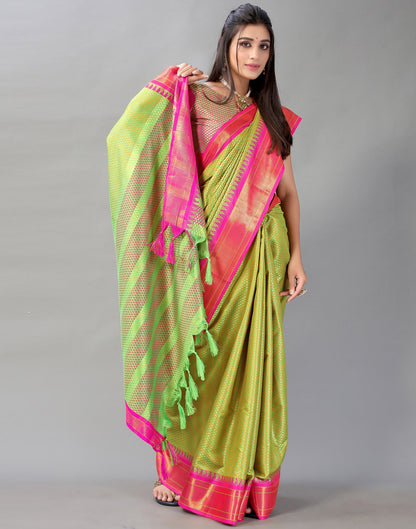 Parrot Green Woven Silk Saree