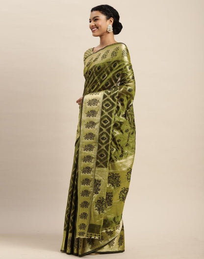 Dark Olive Green Organza Saree