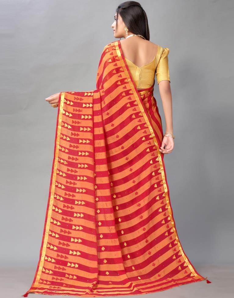 Red And Golden Chiffon Saree
