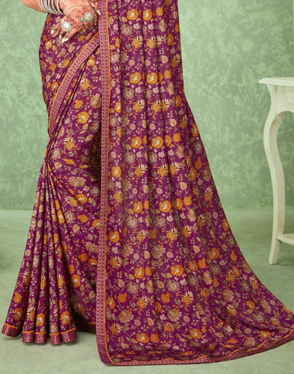 Wine Floral Printed Silk Saree