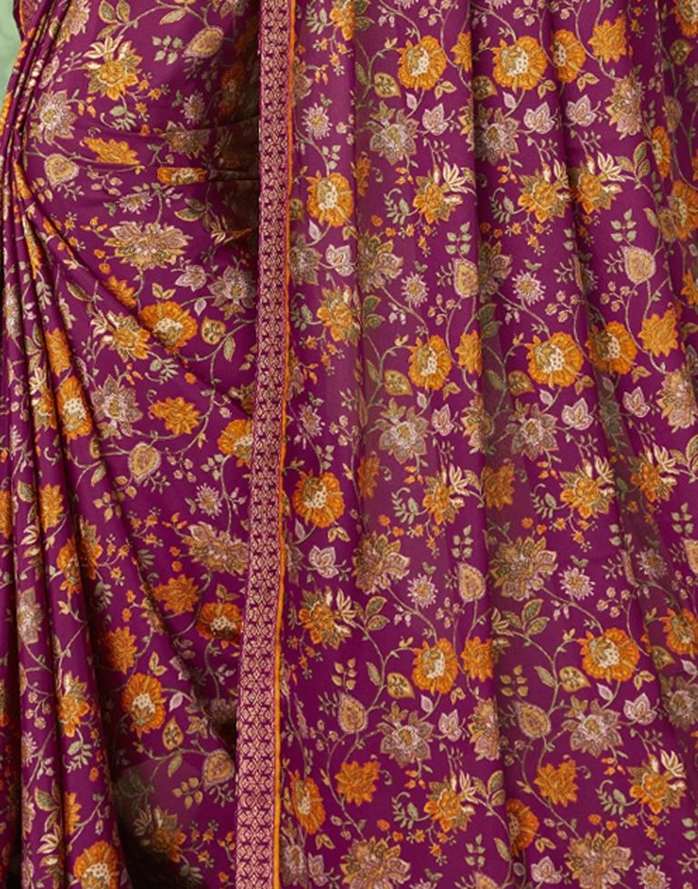 Wine Floral Printed Silk Saree