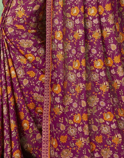 Wine Floral Printed Silk Saree