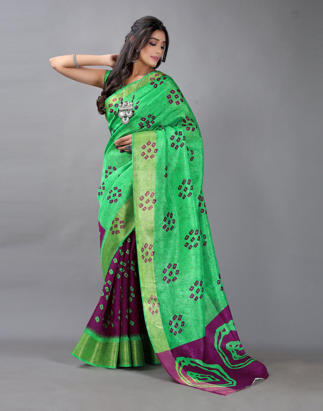 Parrot Green Bandhani Cotton Saree
