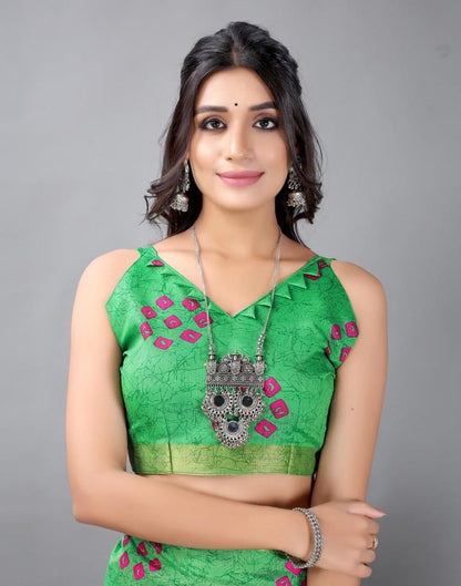 Parrot Green Bandhani Cotton Saree