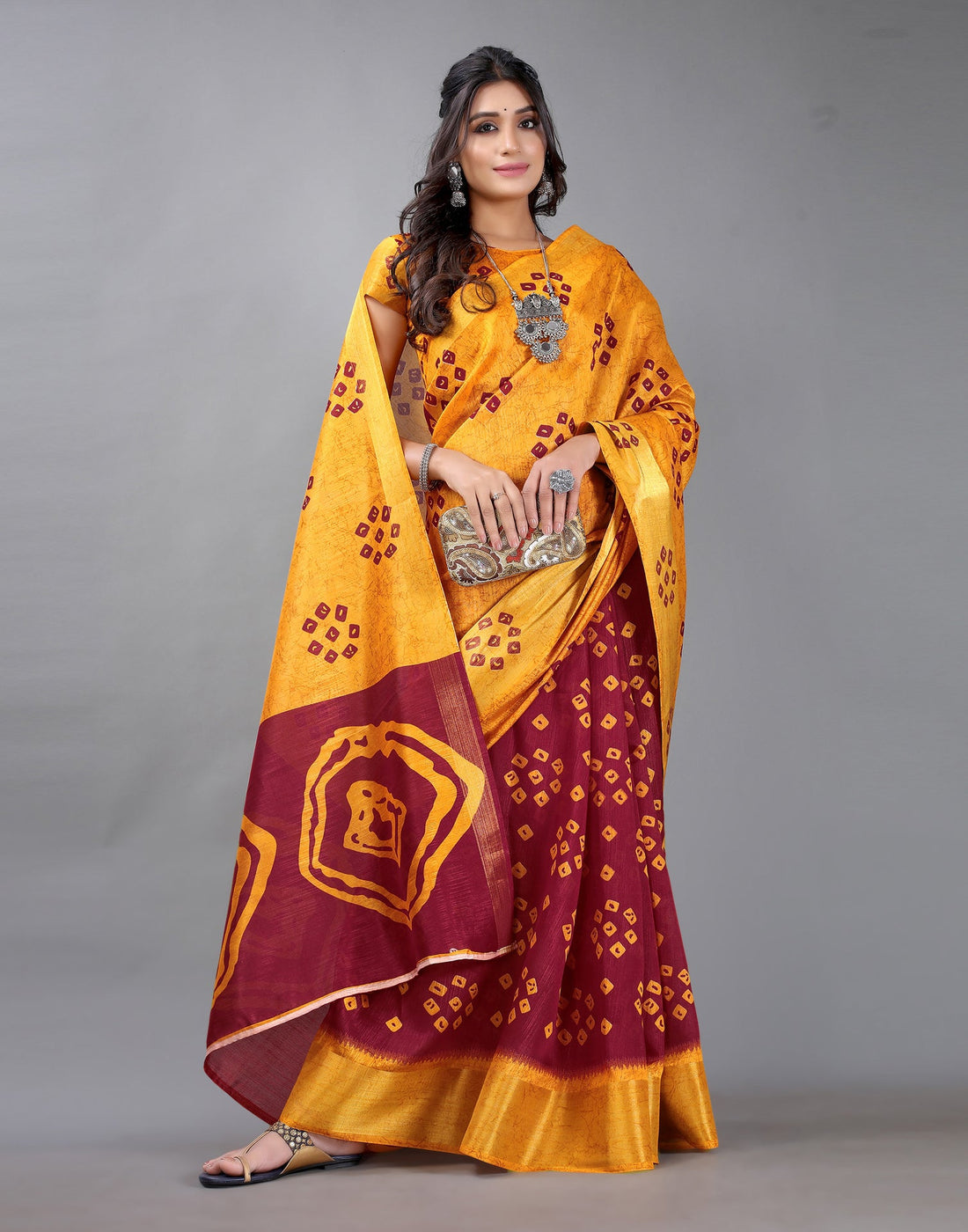 Mustard Bandhani Cotton Saree