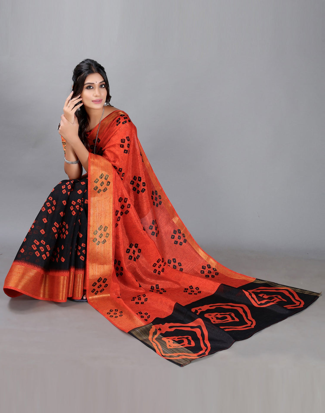 Coral Orange Bandhani Cotton Saree