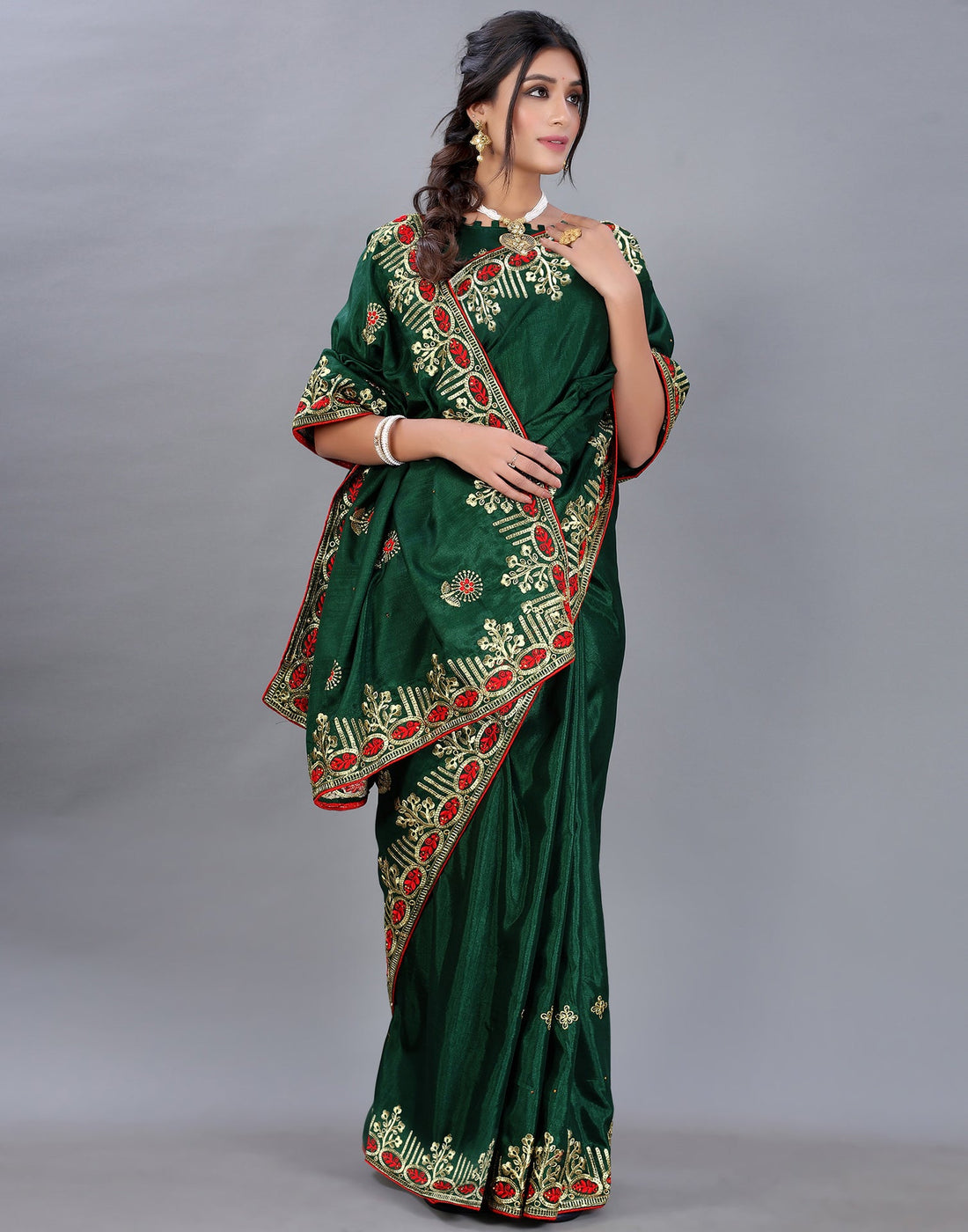 Bottle Green Embroidery Saree