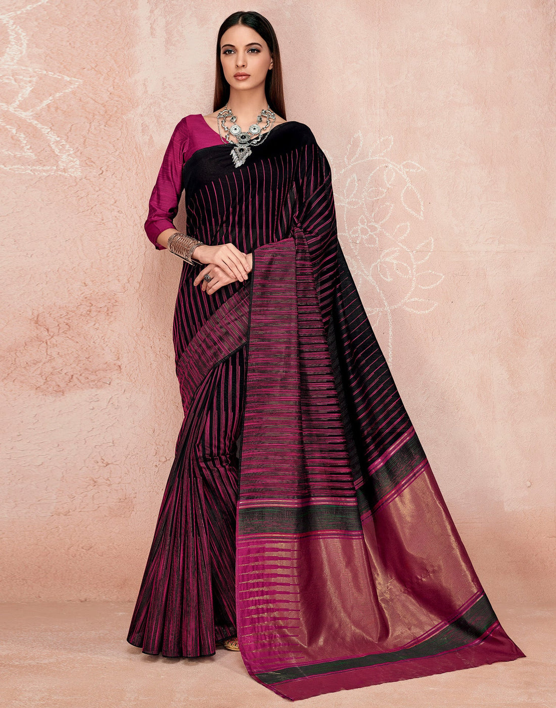 Black And Rani Pink Cotton Saree