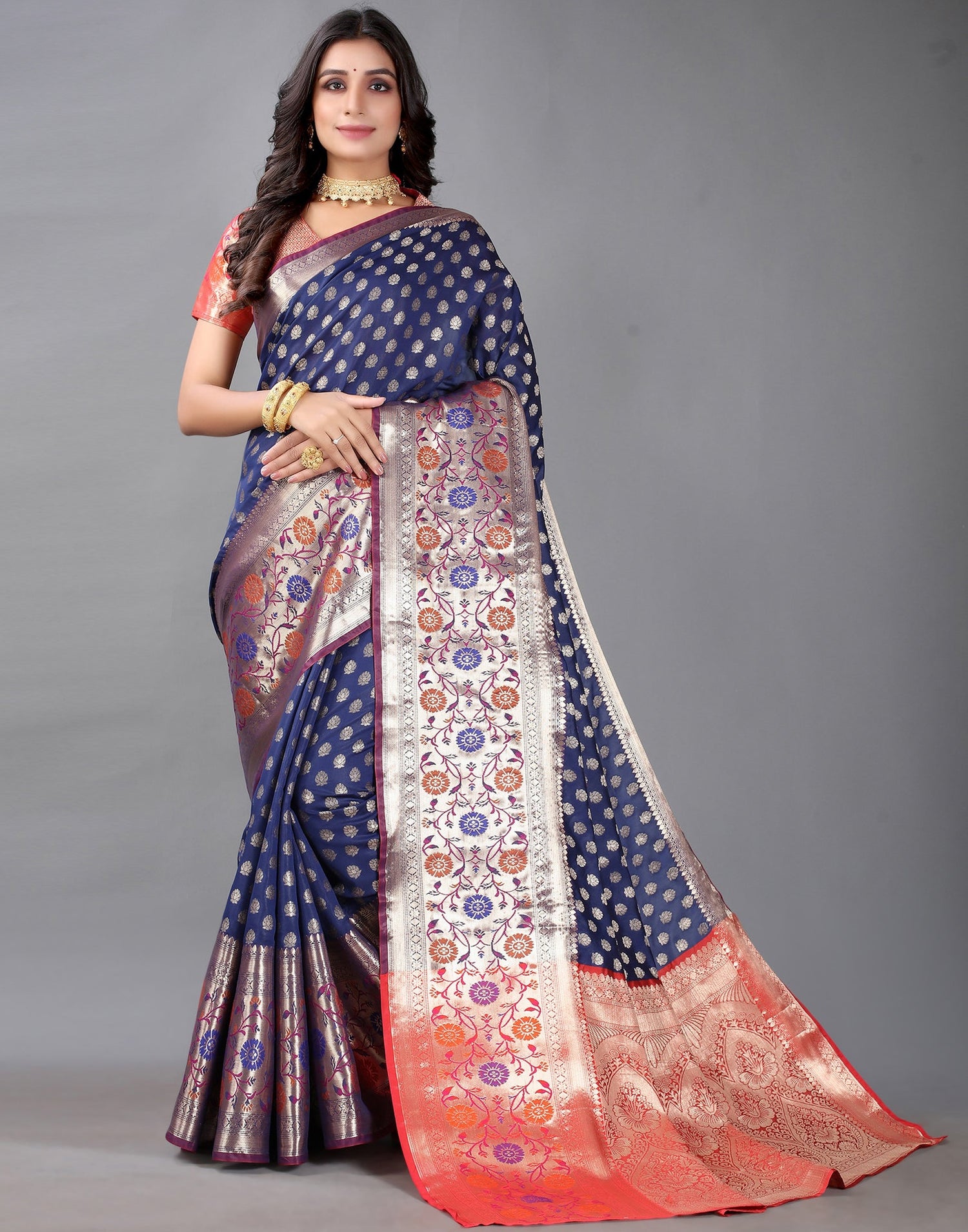Navy Blue And Golden Silk Saree