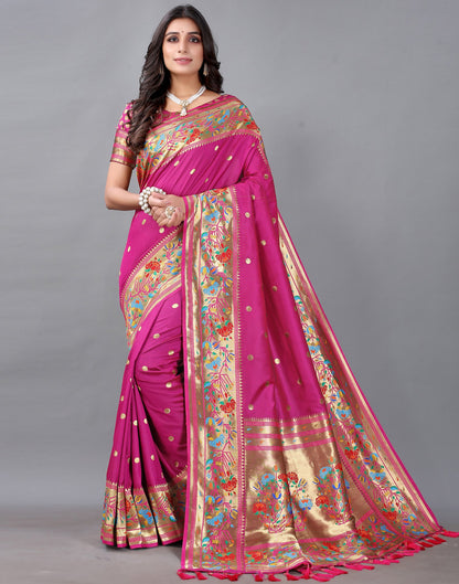 Rani Pink And Golden Silk Saree