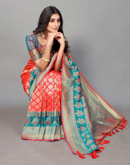 Coral And Golden Silk Saree