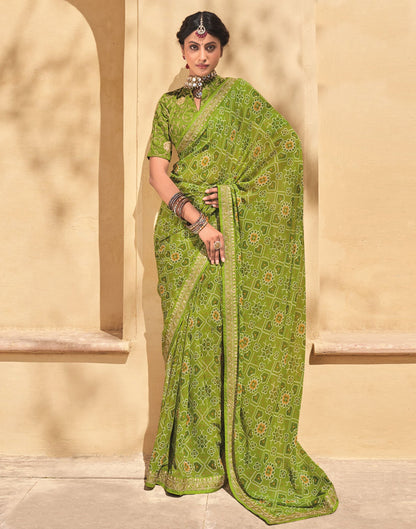 Parrot Green And Multicolored Georgette Saree