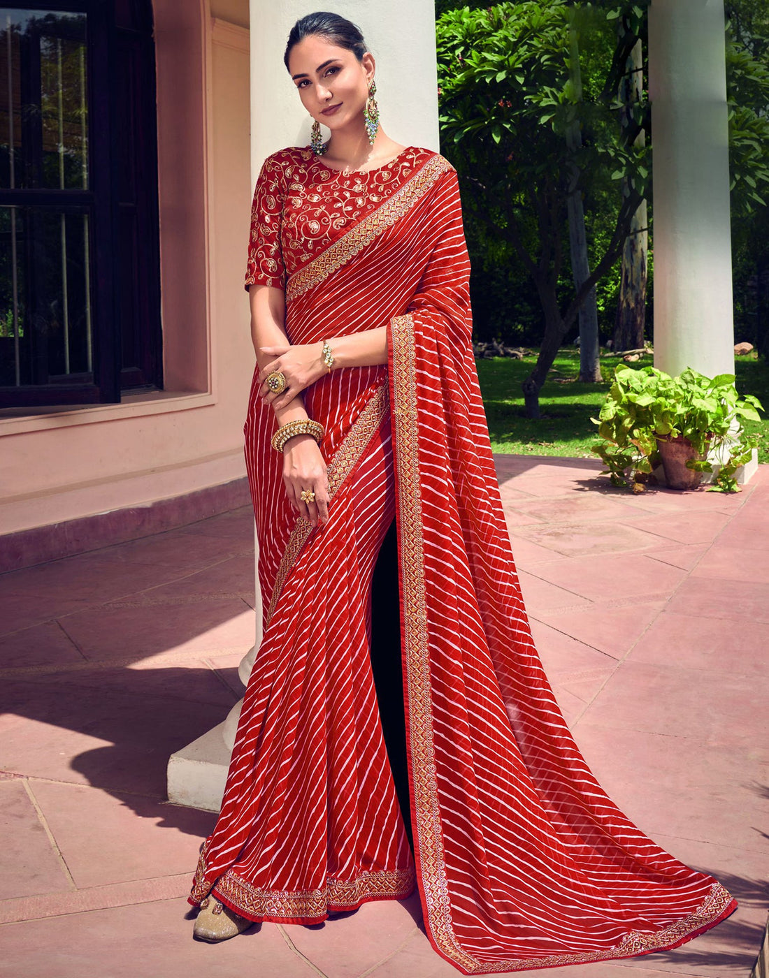 Red, White Georgette Saree