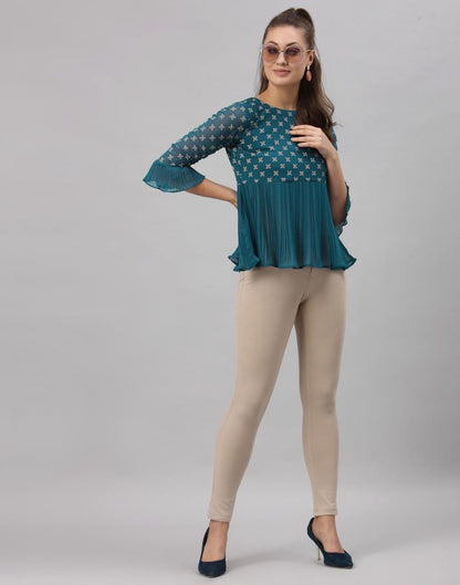 Teal Colored Georgette Printed Top | SLV255TK4083