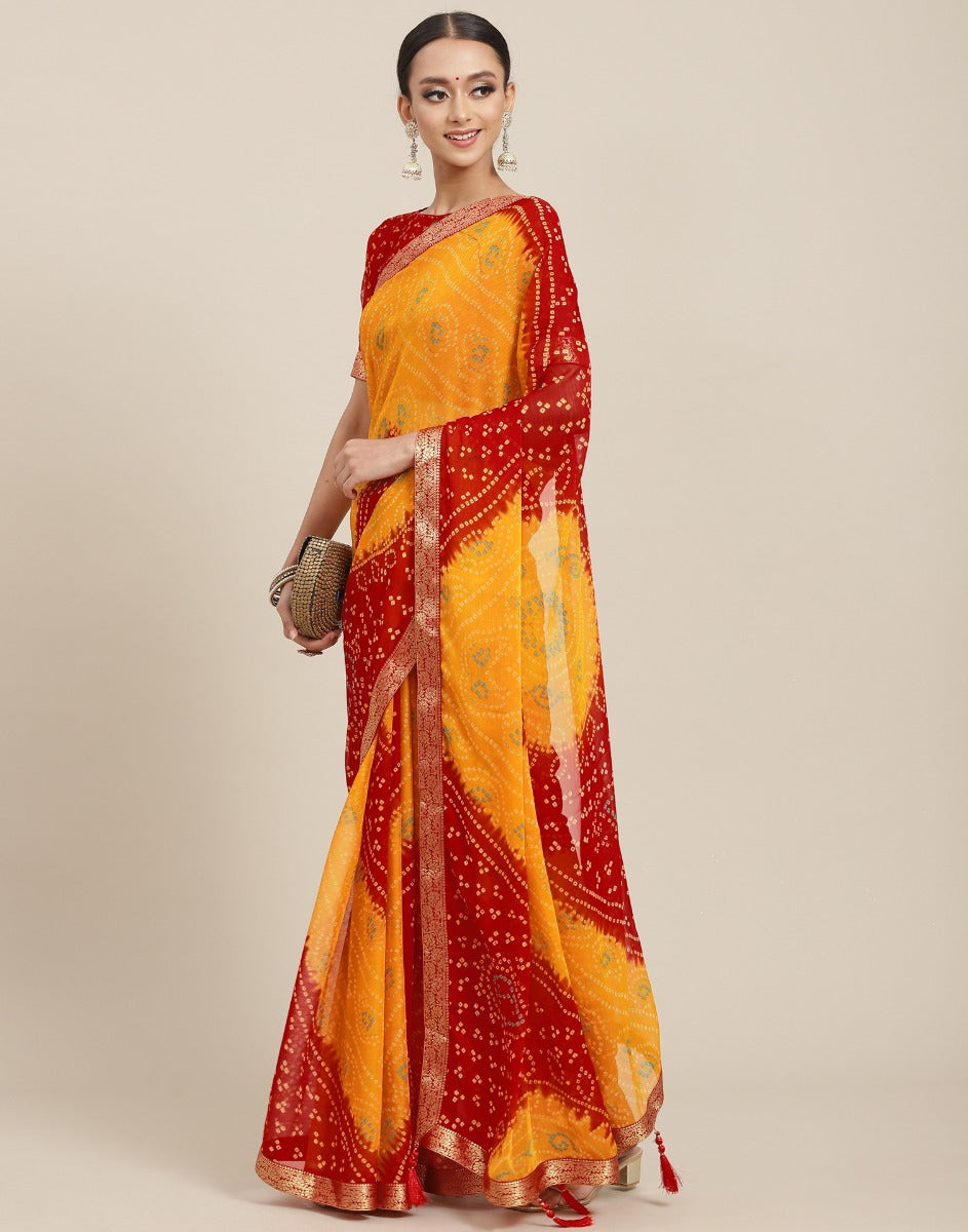 Tvis and Bliss. Red and Yellow Bandhani Georgette Saree