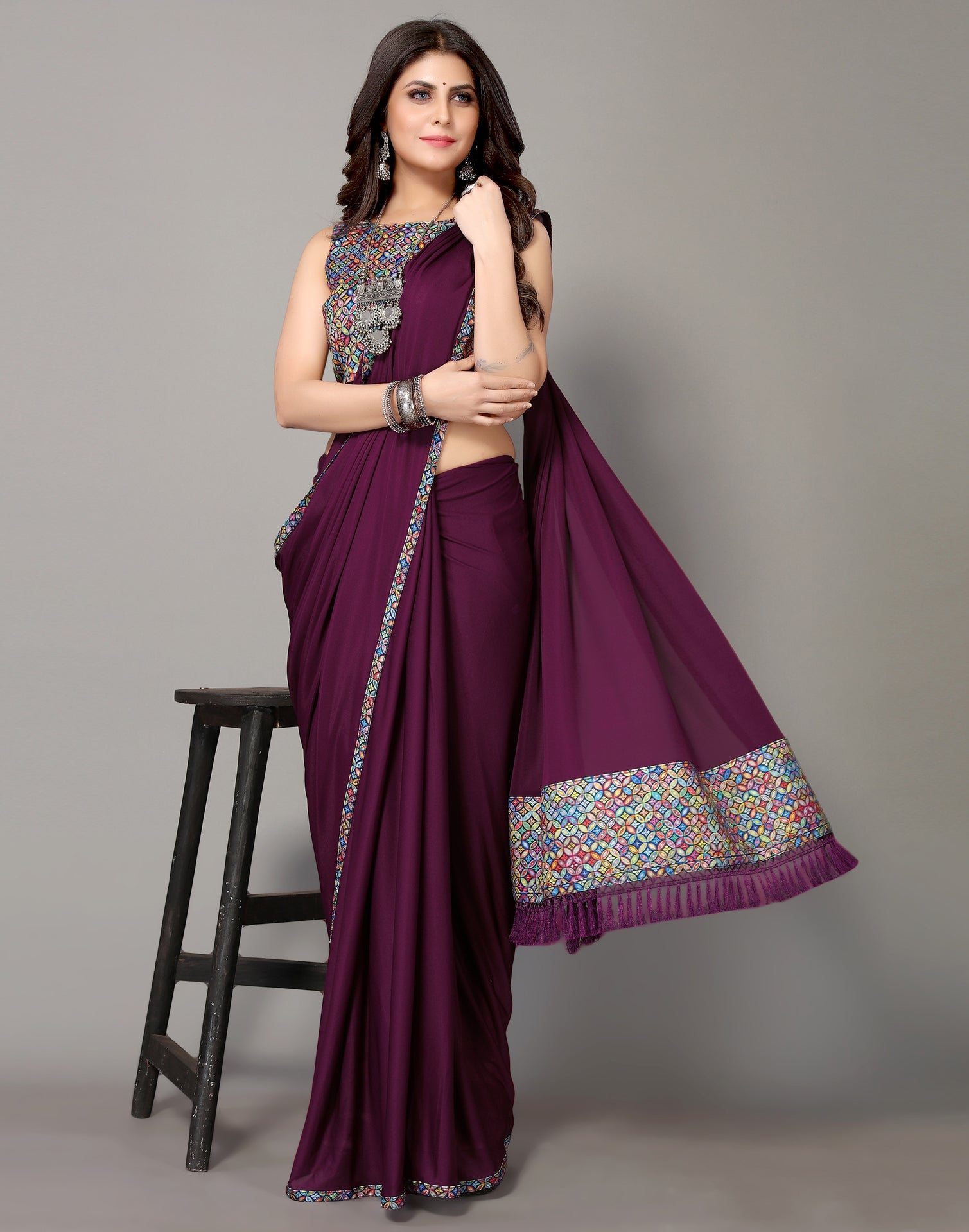 Buy Plum Wine Satin Saree For Women Online - Frontierraas