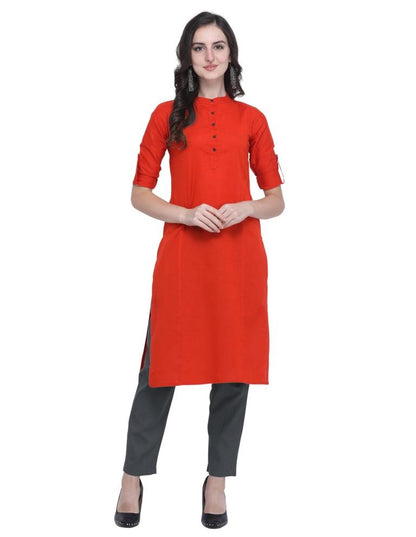 Brilliant Orange Coloured Dyed Khadi Cotton Kurti  | SLV270K354