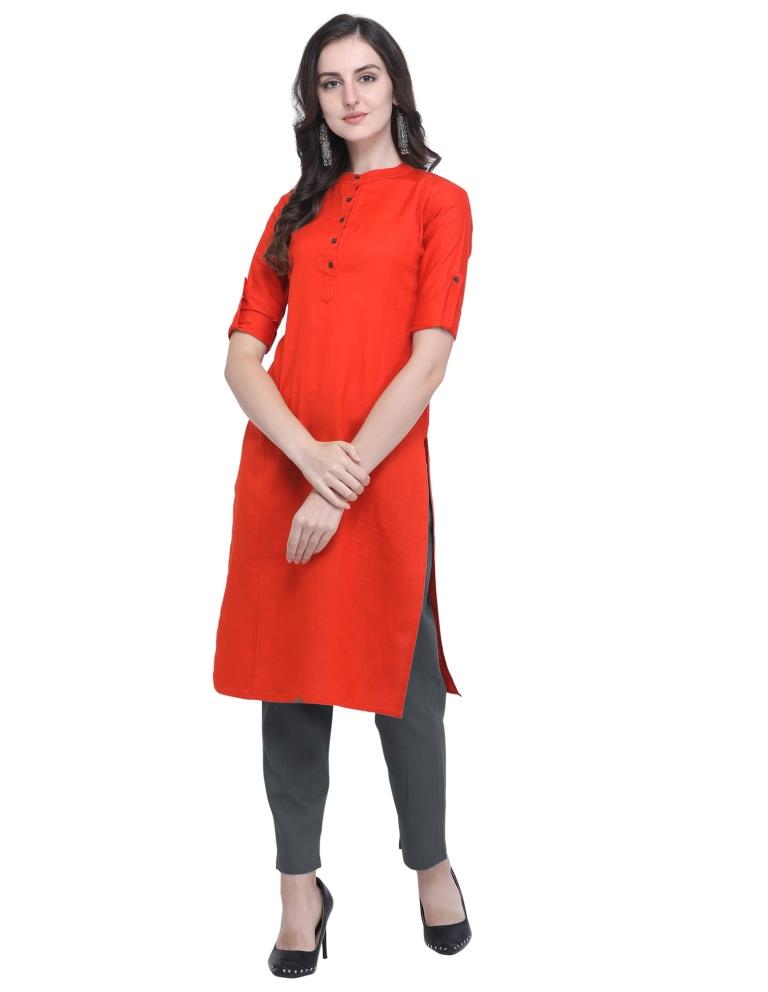 Brilliant Orange Coloured Dyed Khadi Cotton Kurti  | SLV270K354