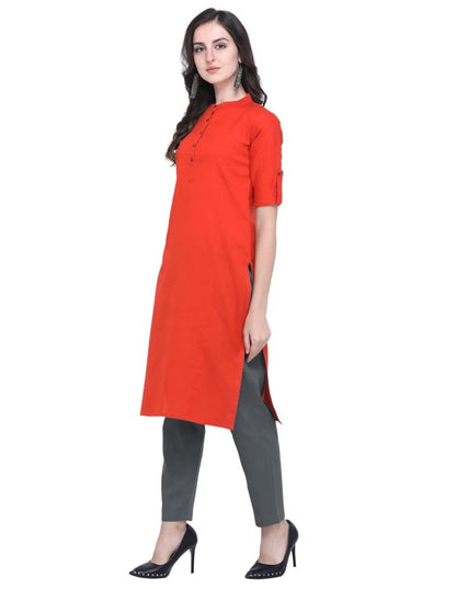 Brilliant Orange Coloured Dyed Khadi Cotton Kurti  | SLV270K354