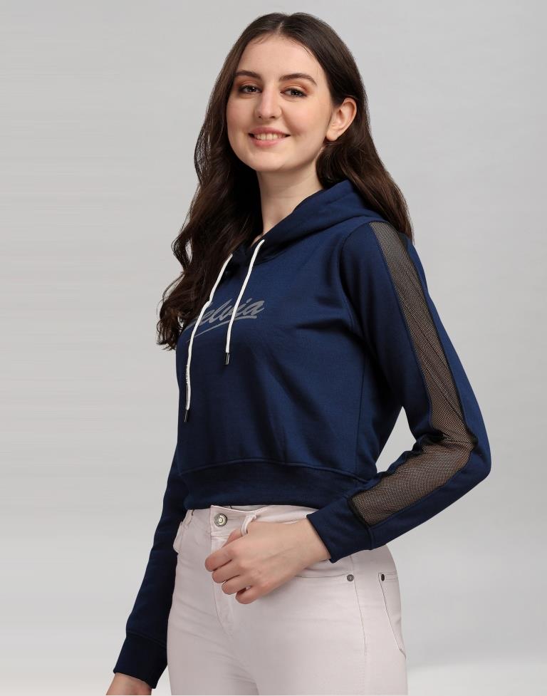 Navy Blue Coloured Cotton Fleece Blend Plain Hoodie