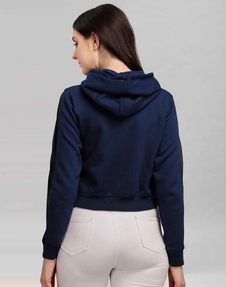 Navy Blue Coloured Cotton Fleece Blend Plain Hoodie