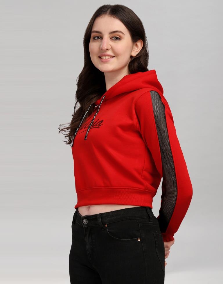 Red Coloured Cotton Fleece Blend Plain Hoodie