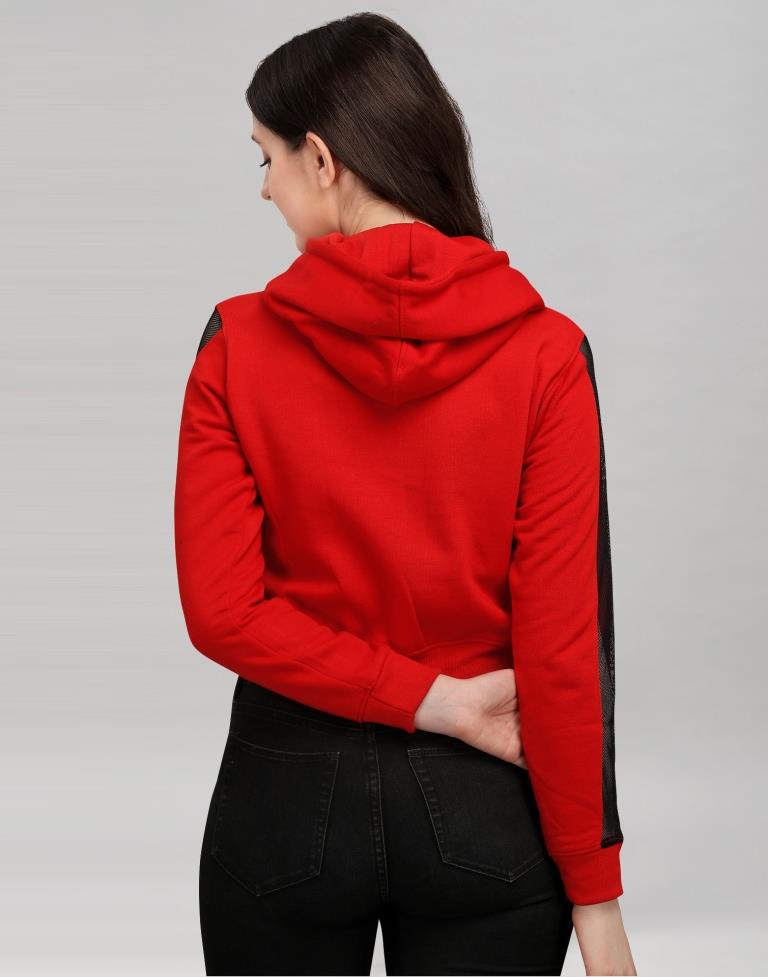 Red Coloured Cotton Fleece Blend Plain Hoodie