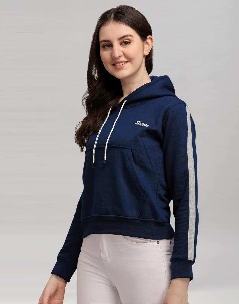 Navy Blue Coloured Cotton Fleece Blend Plain Hoodie