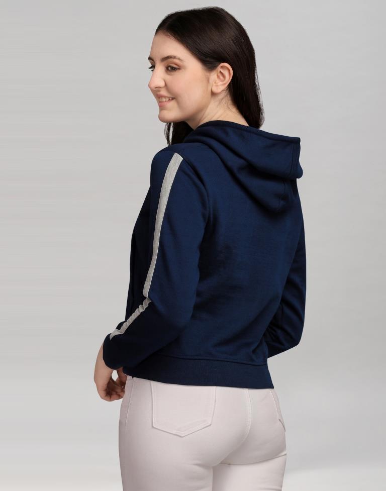 Navy Blue Coloured Cotton Fleece Blend Plain Hoodie