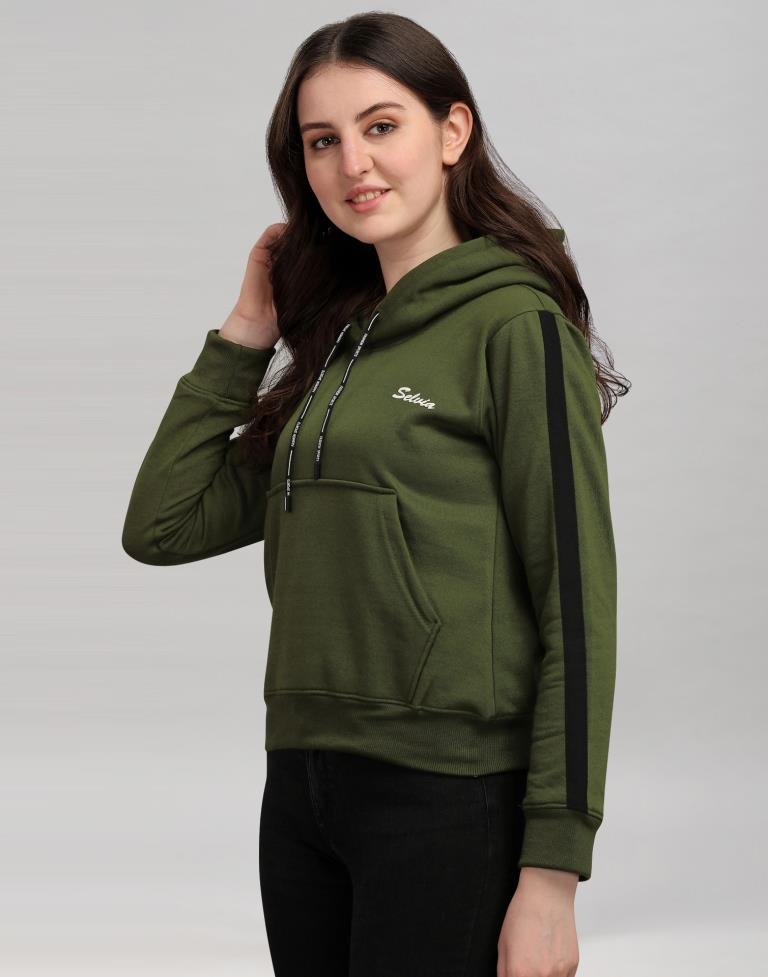 Dark Olive Green Coloured Cotton Fleece Blend Plain Hoodie
