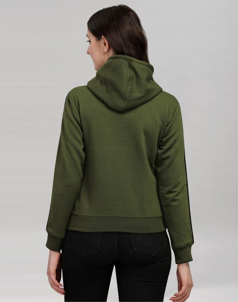Dark Olive Green Coloured Cotton Fleece Blend Plain Hoodie