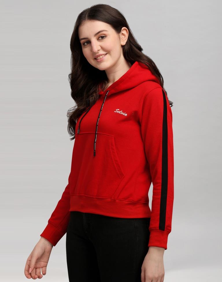 Red Coloured Cotton Fleece Blend Plain Hoodie