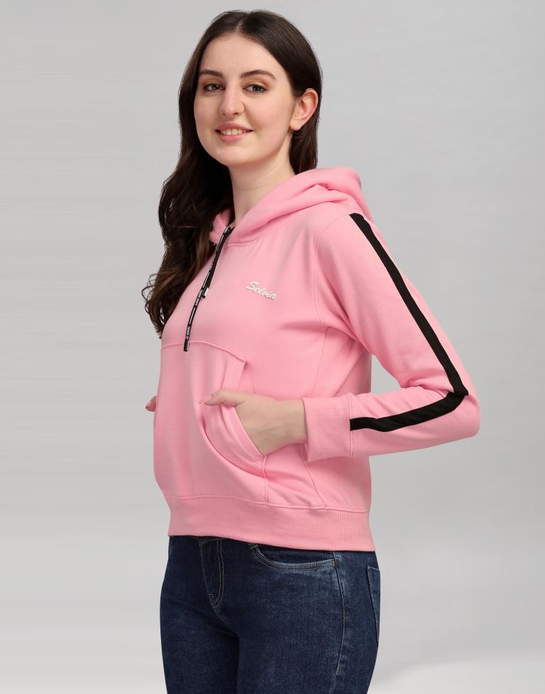Light Pink Coloured Cotton Fleece Blend Plain Hoodie