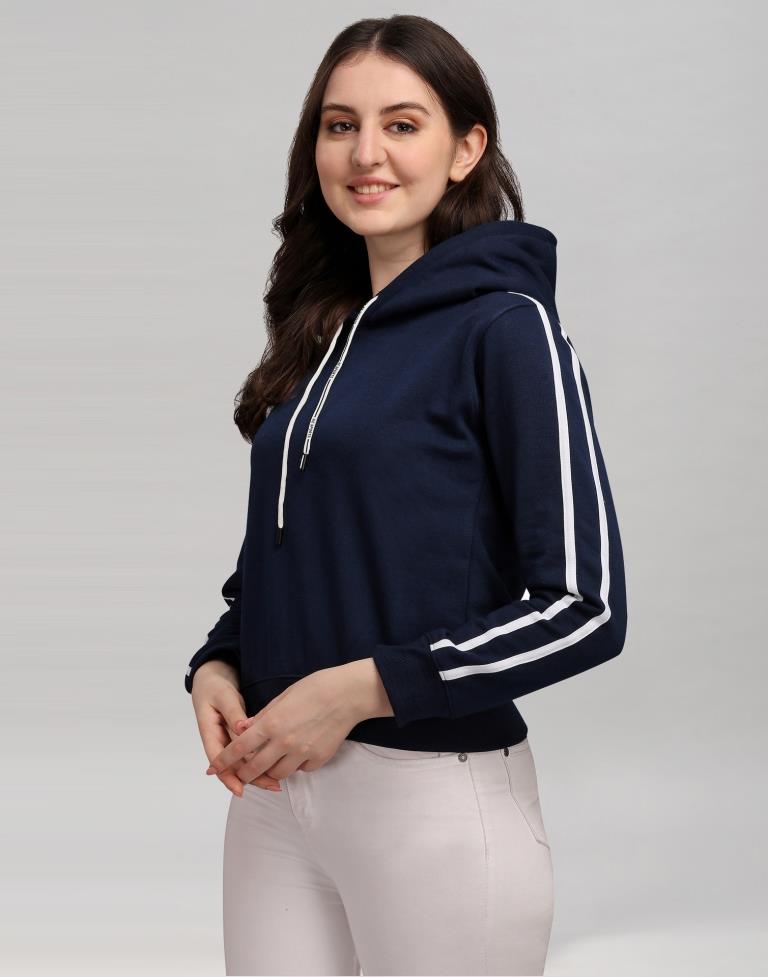 Navy Blue Coloured Cotton Fleece Blend Plain Hoodie