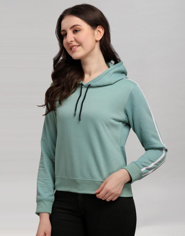 Dusty Green Coloured Cotton Fleece Blend Plain Hoodie