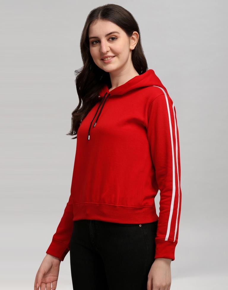 Red Coloured Cotton Fleece Blend Plain Hoodie