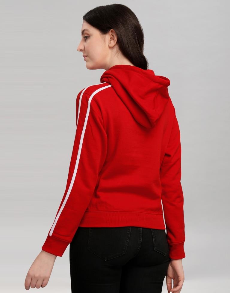 Red Coloured Cotton Fleece Blend Plain Hoodie