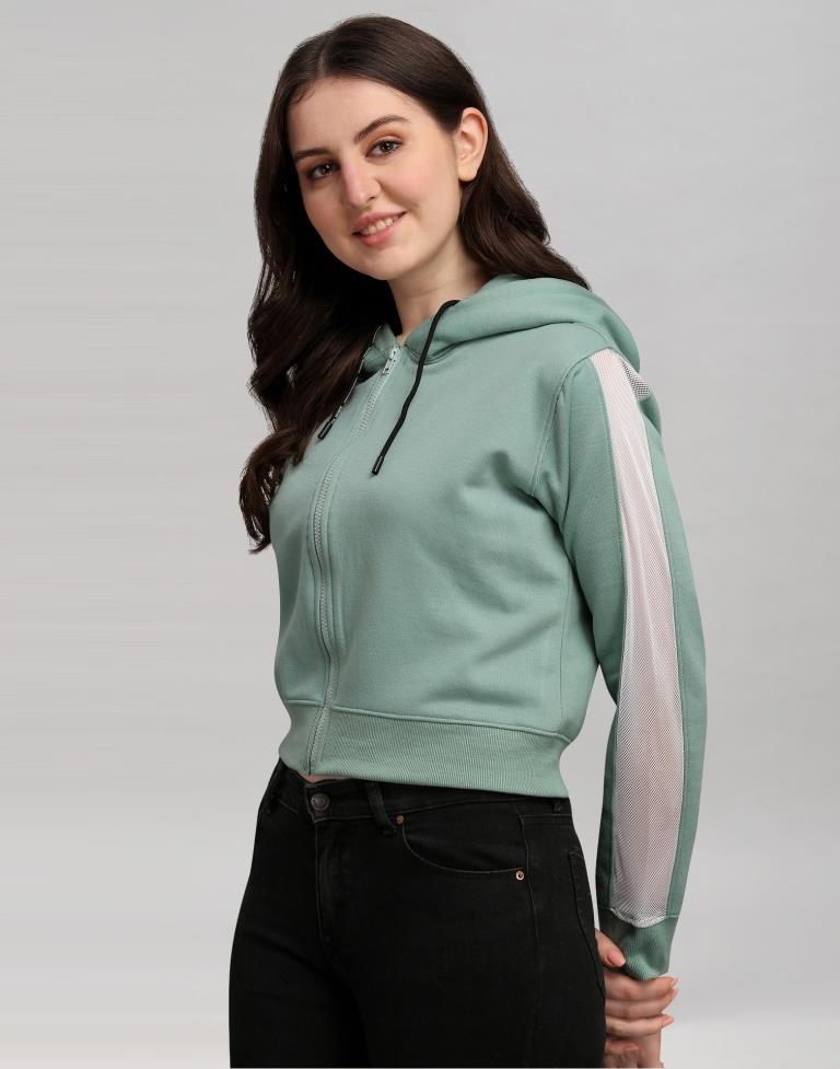 Dusty Green Coloured Cotton Fleece Blend Plain Hoodie