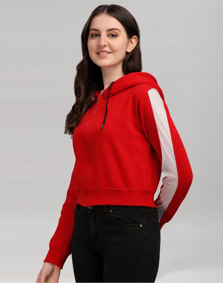 Red Coloured Cotton Fleece Blend Plain Hoodie