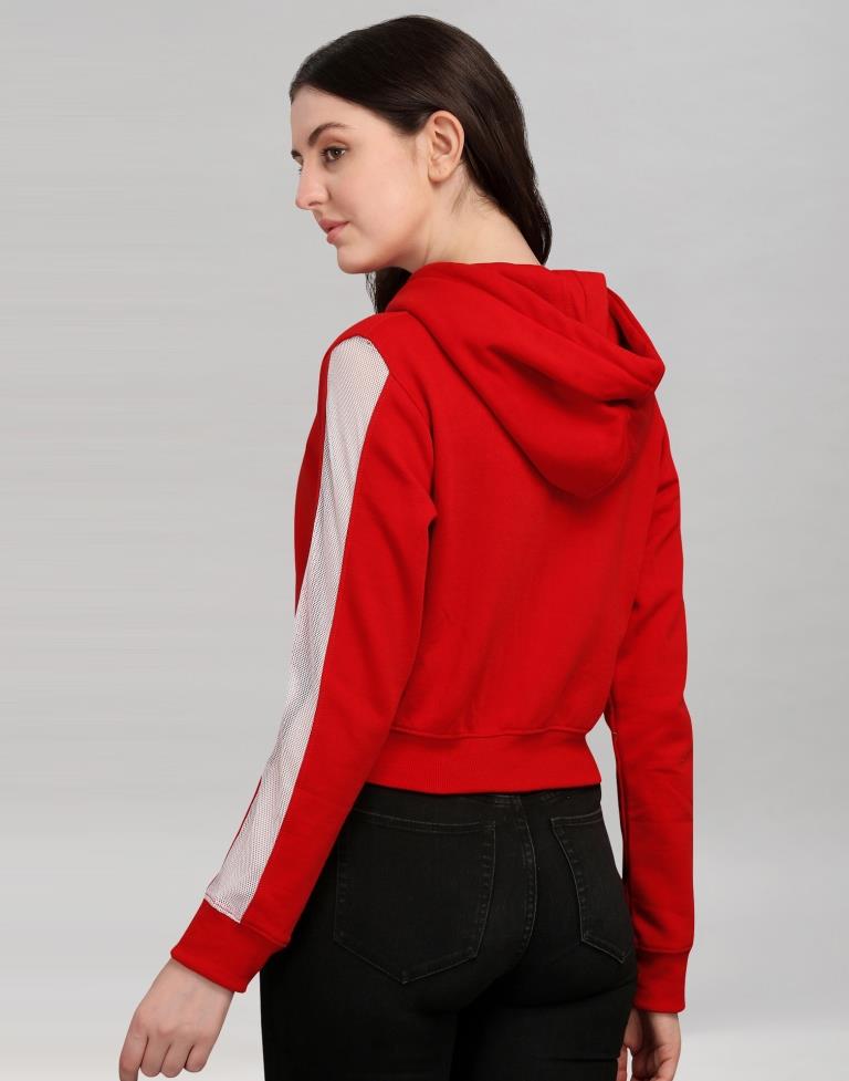 Red Coloured Cotton Fleece Blend Plain Hoodie
