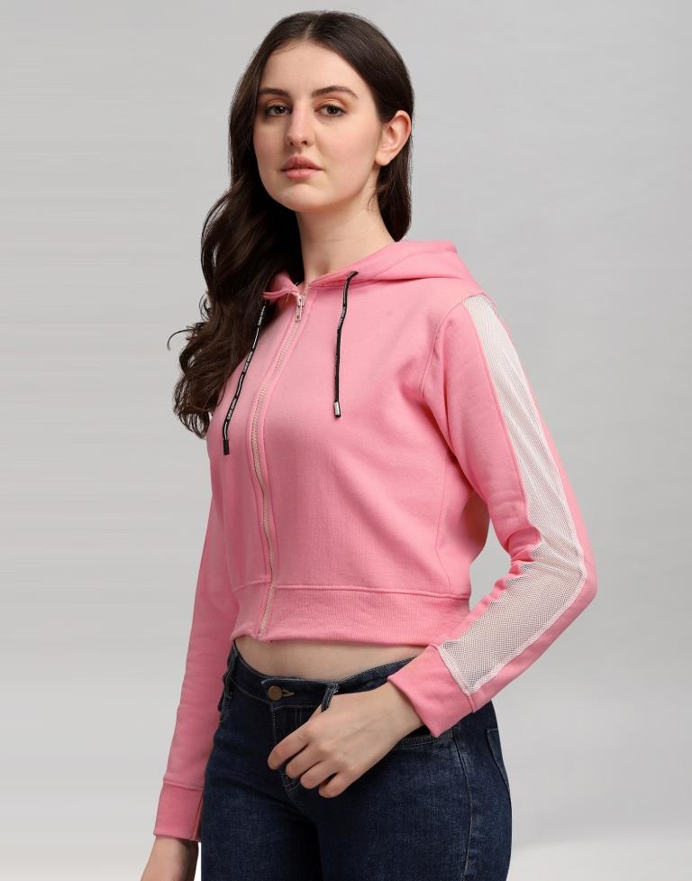Light Pink Coloured Cotton Fleece Blend Plain Hoodie