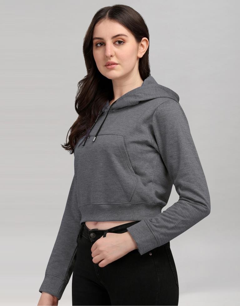 Dark Grey Coloured Cotton Fleece Blend Plain Hoodie