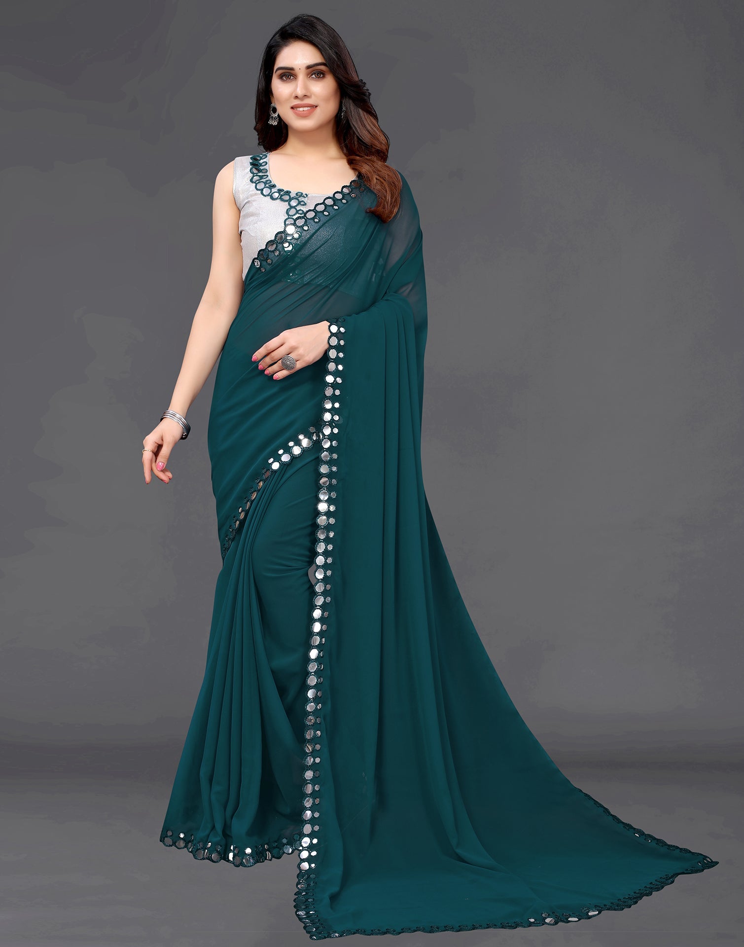 Women's Georgette Saree With Mirror Work - Etsy