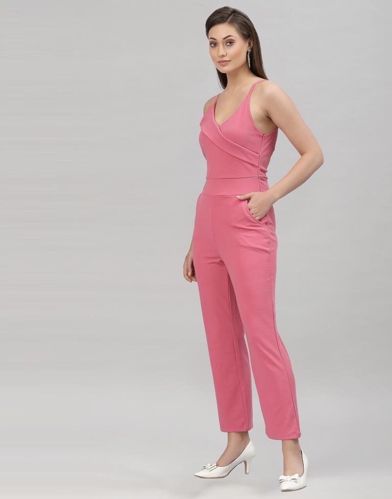 Light Pink Coloured Lycra Plain Jumpsuit