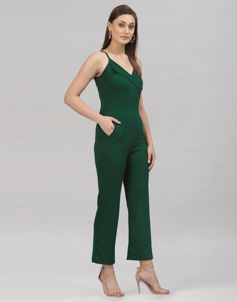 Bottle Green Coloured Lycra Plain Jumpsuit