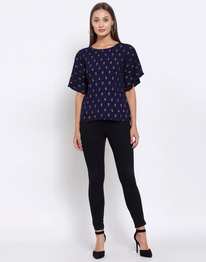 Navy Blue Printed Rayon Top | SLV296TK5081