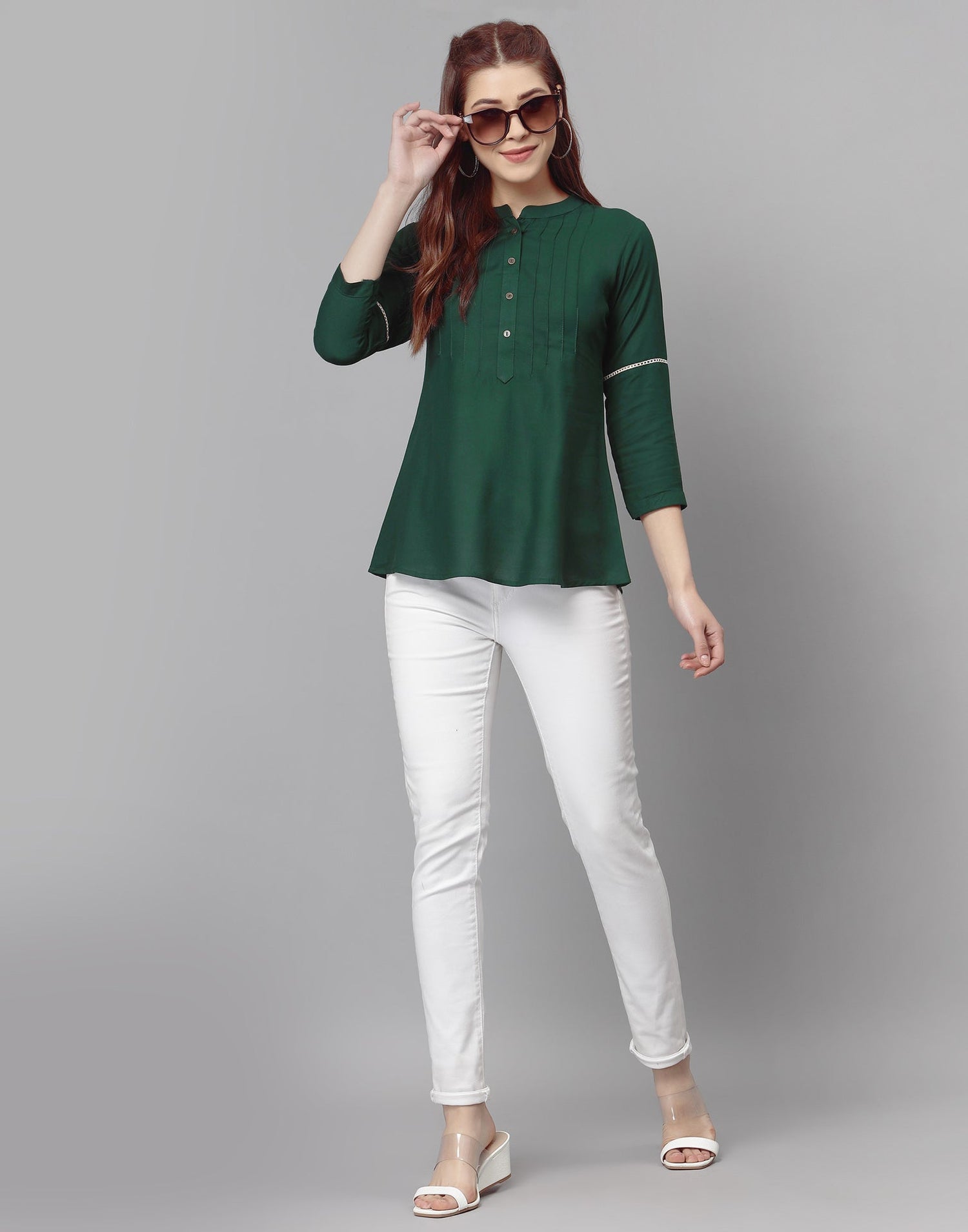 Bottle Green Pleated Tops