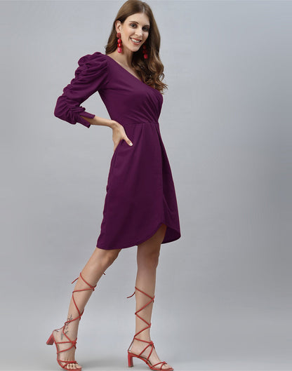 Wine Puff Sleeve Dress