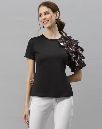 Black One Side Ruffled Sleeve Top
