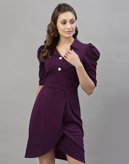 Wine Puff Sleeve Collared Dress